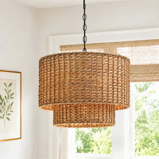 Mihai Farmhouse Double Drum Rattan Pendant Light
