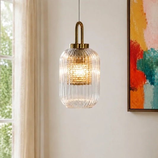 Serenwen Modern Cylindrical Clear Ribbed Glass Pendant Light