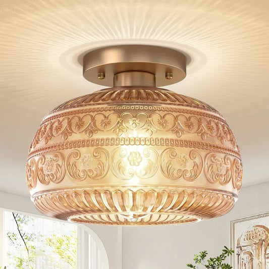 Oliver Carved Glass Oval Vintage Semi Flush Mount Ceiling Light