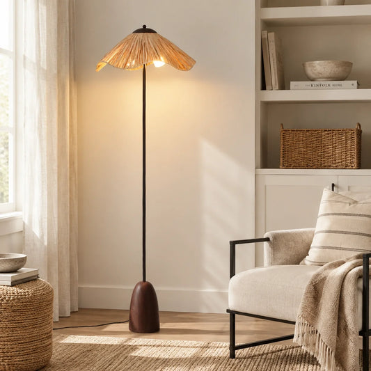 Rufus Conical Wood Raffia Floor Lamp