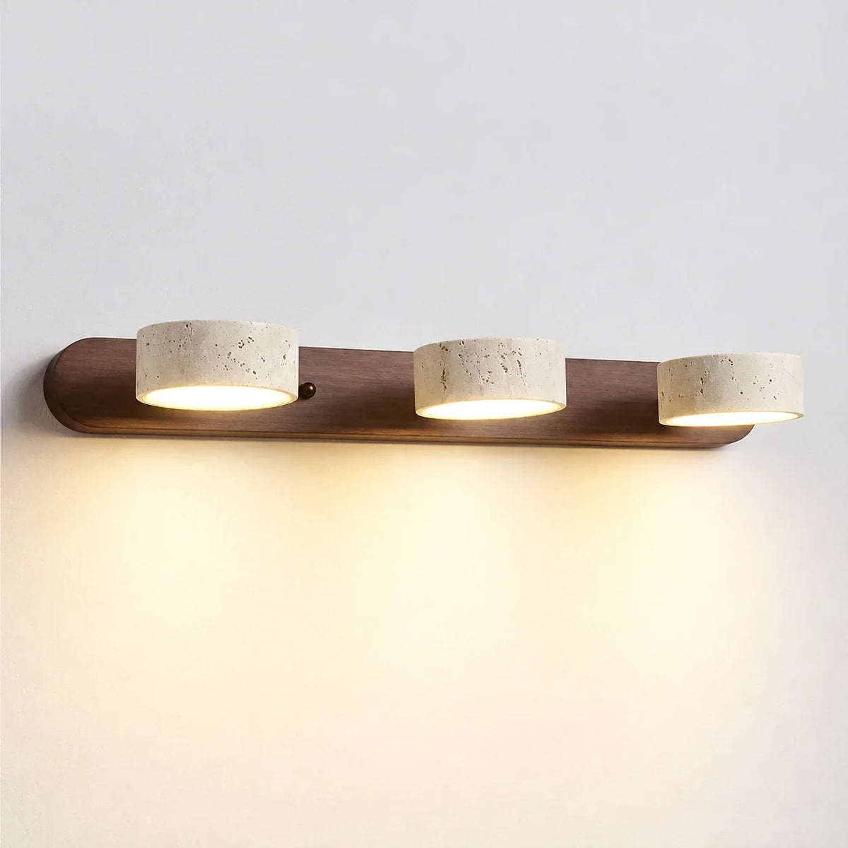 Elias travertine wall sconce, 3 heads, Walnut, lights on