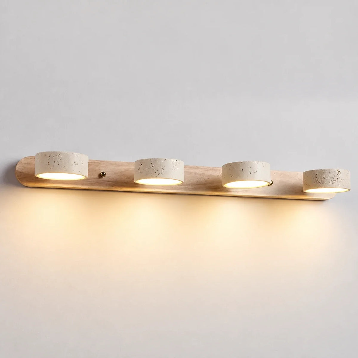 Elias travertine wall sconce, 4 heads, Natural Wood, lights on