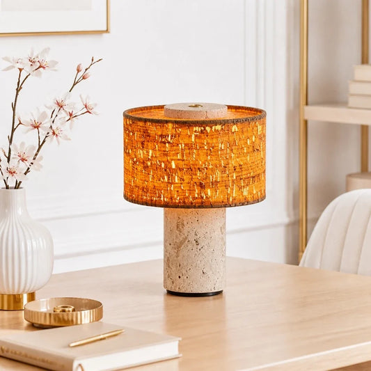 Teleri Wabi-Sabi Cylinder Travertine Fabric Table Light