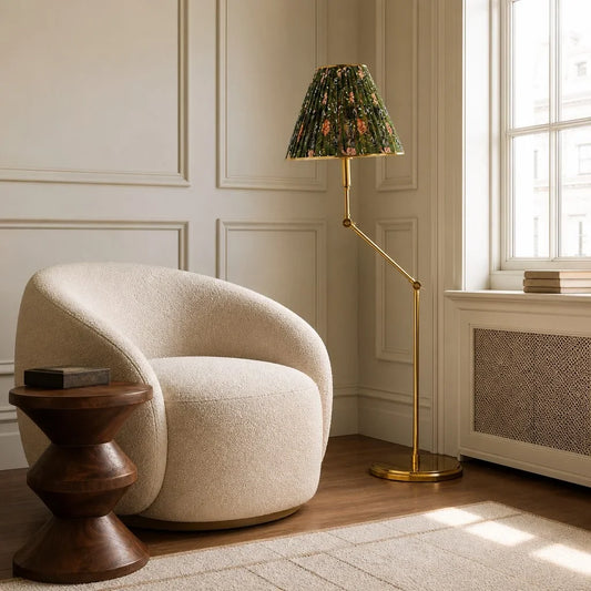 Ursula Retro Articulating Printed Shade Brass Floor Light