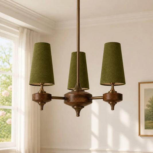 Virelia Mid-Century Walnut Fabric Shade Chandelier