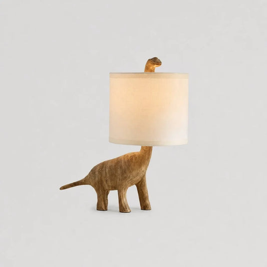 Wrend Modern Linen Shade Dinosaur Carved Wood Table Light