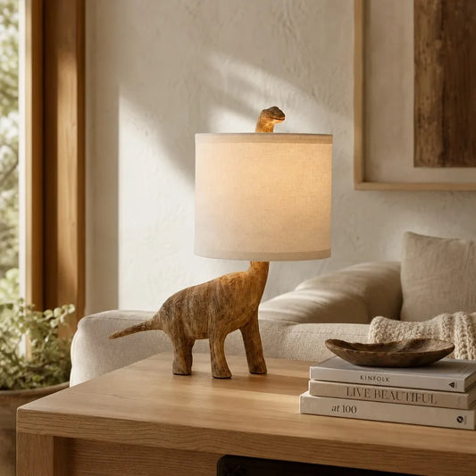 Wrend Modern Linen Shade Dinosaur Carved Wood Table Light