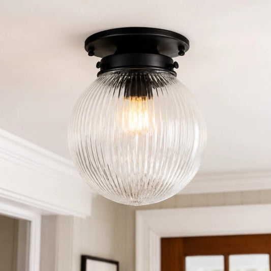 Zylah Vintage Globe Ribbed Glass Flush Mount Ceiling Light