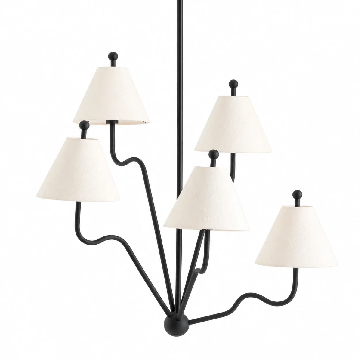Isolde black iron and silk five arm chandelier on white