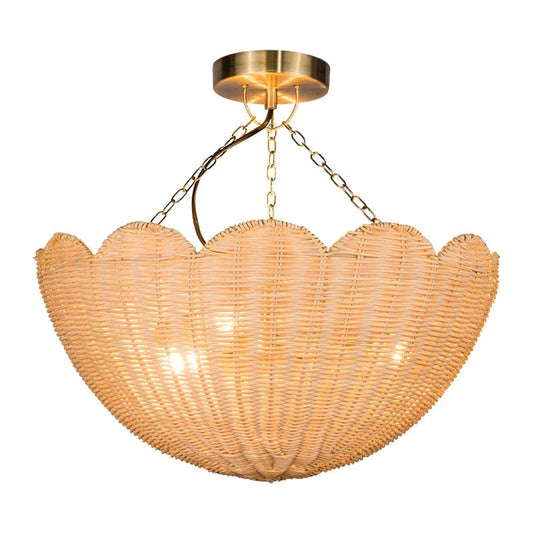 Bohemian Scalloped Rattan 3-Light Semi Flush Mount Ceiling Light