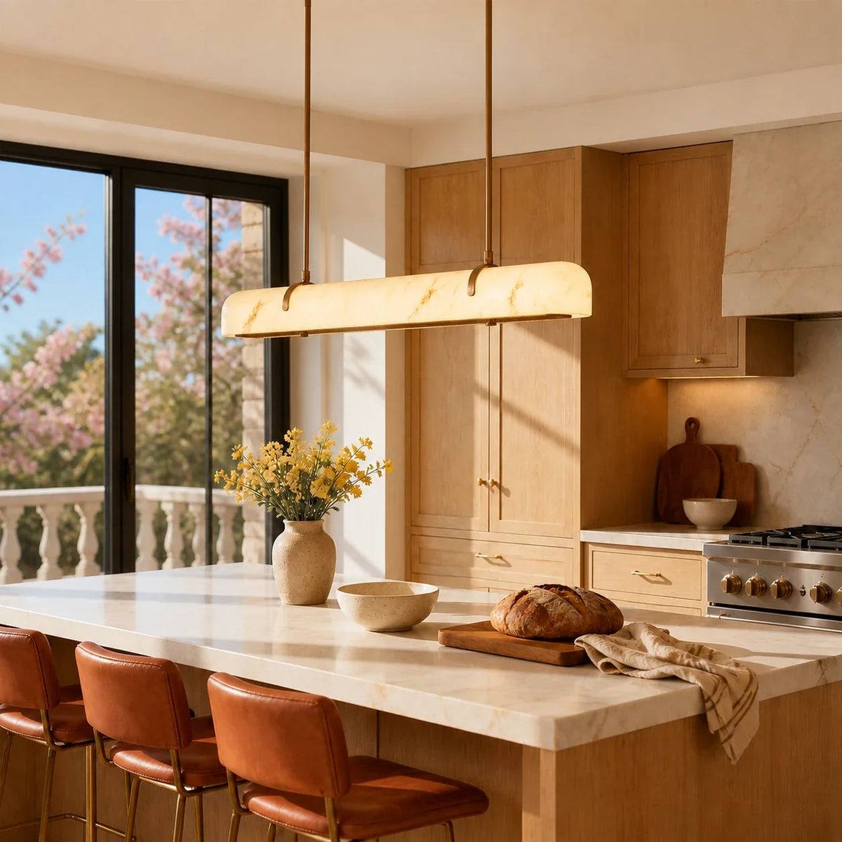 Marielle veined white glass chandelier above a sunlit kitchen island